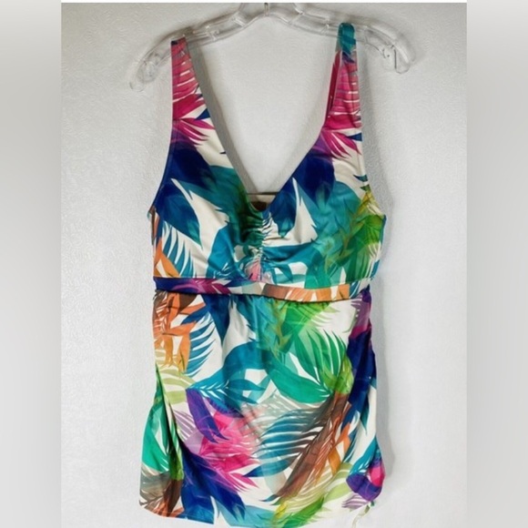 Swim Cacique Multicolor Tropical Ruched One Piece Skirted Swimsuit Size 16 Beach - Picture 1 of 9